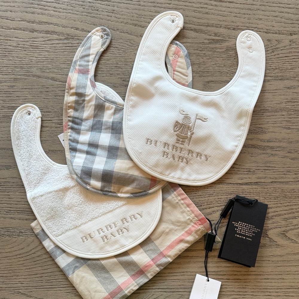 Burberry Baby Bib Set - White, Gray, and Tan